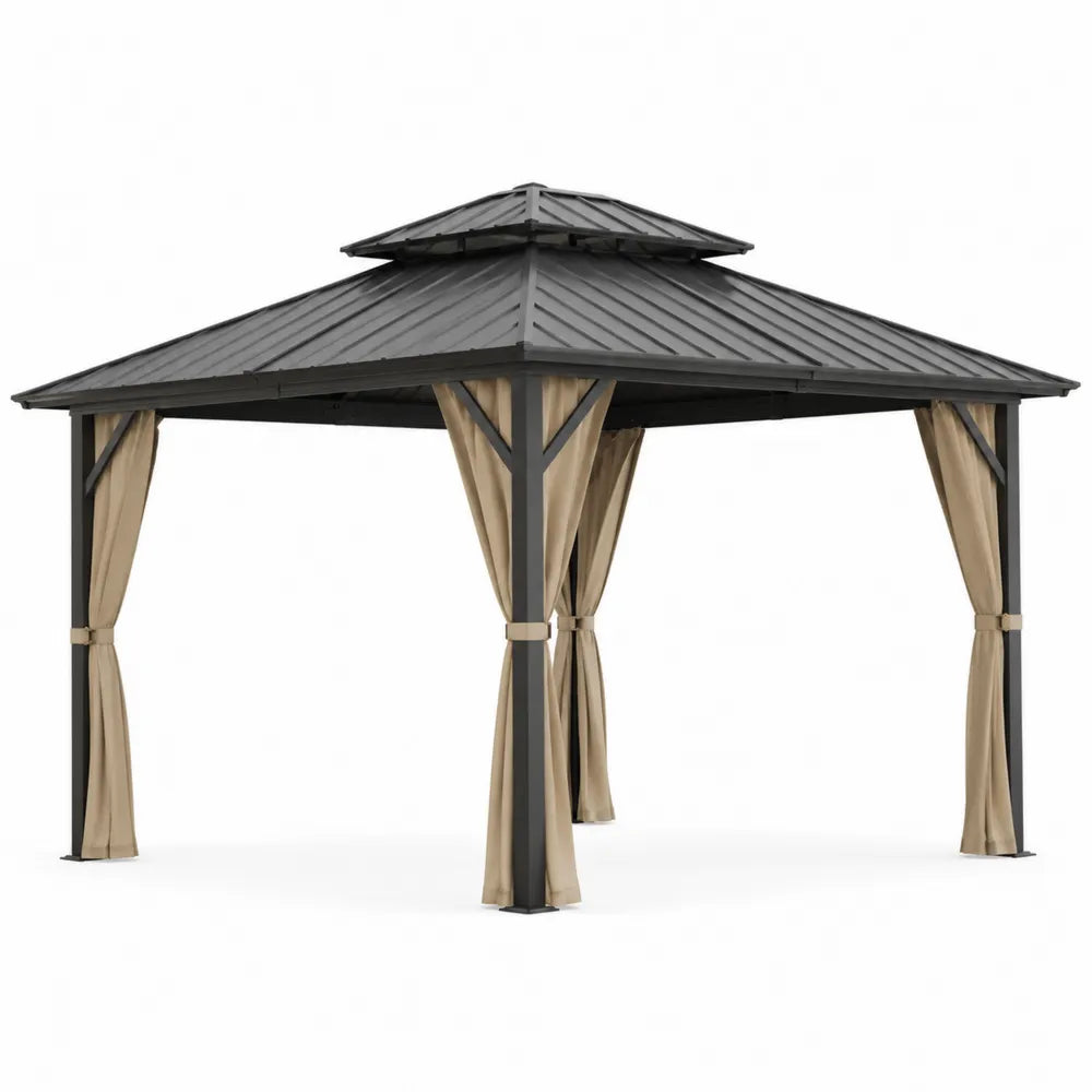 Gartenpavillon aus Metall mit Vorhängen in Schwarz und Beige, 3x4m
