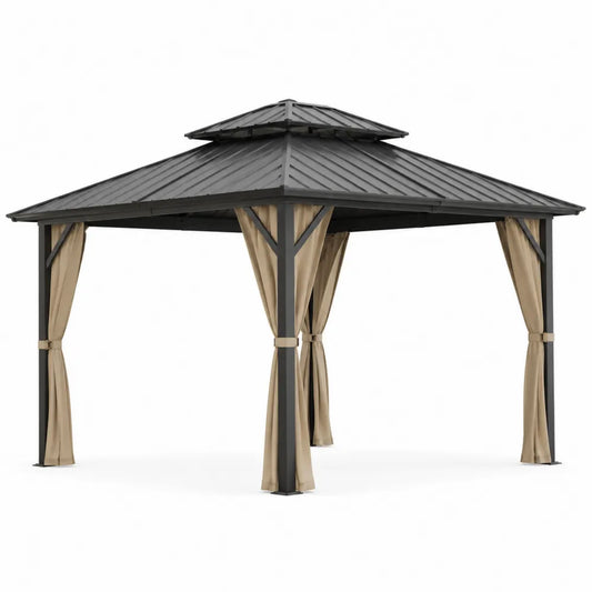 Gartenpavillon aus Metall mit Vorhängen in Schwarz und Beige, 3x4m